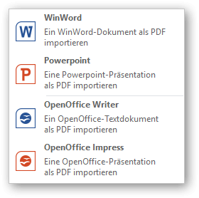 Screenshot: Import menu for Office documents